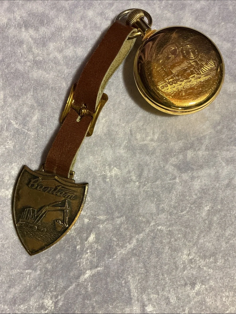 Goldtone Train Pocket Watch with Brown Leather Strap & Fob